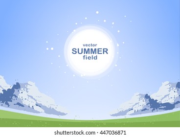 Vector illustration: Landscape background with green field, blue daylight sky, sun and clouds