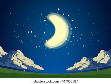 Vector illustration: Landscape background with green field, blue magic night sky, moon and clouds
