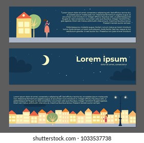 Vector illustration of landscape background with night sky, stars, walking people with text place. Banners with colorful town house, cottage. For print, card, flyer, poster