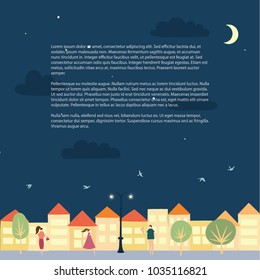 Vector illustration of landscape background with night sky, stars, walking people with text place. Colorful town house, cottage and assorted real estate buildings. For print, card, flyer, poster 