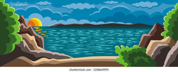 Vector illustration of landscape. Background picture of mountains and sea. Horizontal banner with the image of the Bay at sunset.