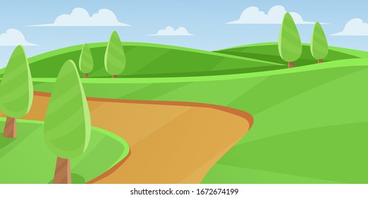 Ilustración vectorial Colinas verdes de fondo paisajístico estilo caricatura