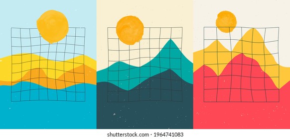 Vector illustration landscape. Beach by sea, mountain peak, green hill. Line grid pattern. Mountains background. Hand drawn flat cartoon style. Design for notebook, poster, cover, postcard, brochure