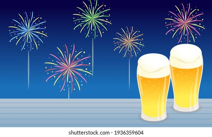 Vector illustration landscape of beer and fireworks (background)