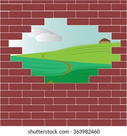 Vector illustration landscape behind broken brick wall background 