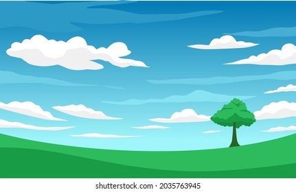 Vector illustration, landscape with blue sky and white clouds, as background or banner image, International Day of Clean Air for Blue Skies.