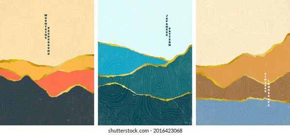 Vector illustration landscape. Boho grunge wall art concept. Hills, seascape, mountains. Japanese wave pattern. Mountain background. Design for poster, book cover, web template, brochure, postcard.