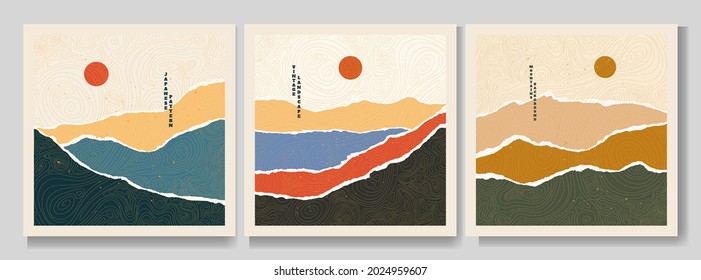 Vector illustration landscape. Boho grunge wall art concept. Hills, seascape, mountains. Japanese wave line pattern. Mountain background. Design for social media template, web banner. Torn paper