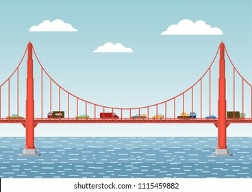 Vector illustration. Landscape with a bridge and cars. Flat style.