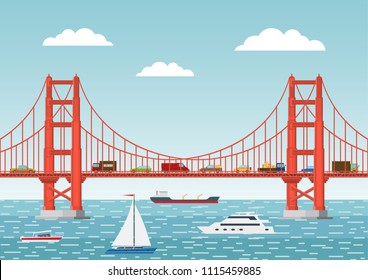 Vector illustration. Landscape with a bridge, cars and ships. Flat style.