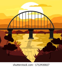 Vector illustration. Landscape with a bridge. Sunset on the background of a small river, hills and a bridge. Vector concept in tan.