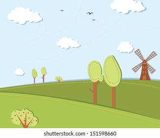 Vector illustration of a landscape in bright simple colors with trees, hills, wind mill and clouds