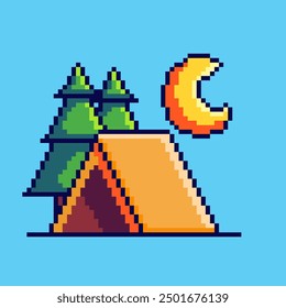 Vector Illustration of landscape for camping with a tent with Pixel Art Design, perfect for game assets themed designs
