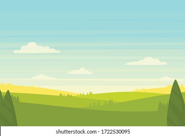 Vector illustration of a landscape. Cartoon flat drawing view of nature, fields and sky. Sunny day background picture.