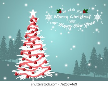 Vector illustration of landscape with christmas tree near the pine trees on snow hill and "we wish you Merry Christmas and A Happy New Year" text on green sky with snow flake. For Winter Holidays.