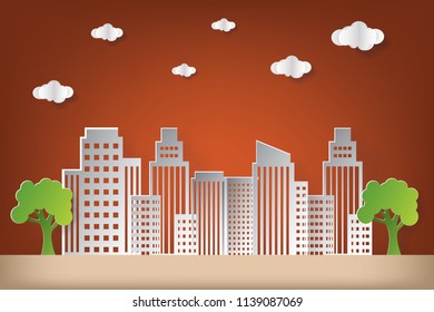 Vector illustration landscape city building with cloud on dusk sky. Paper art and craft style.