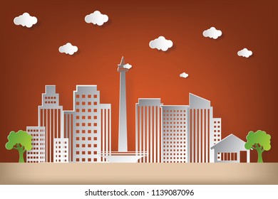 Vector illustration landscape city building with cloud on dusk sky. Paper art and craft style.