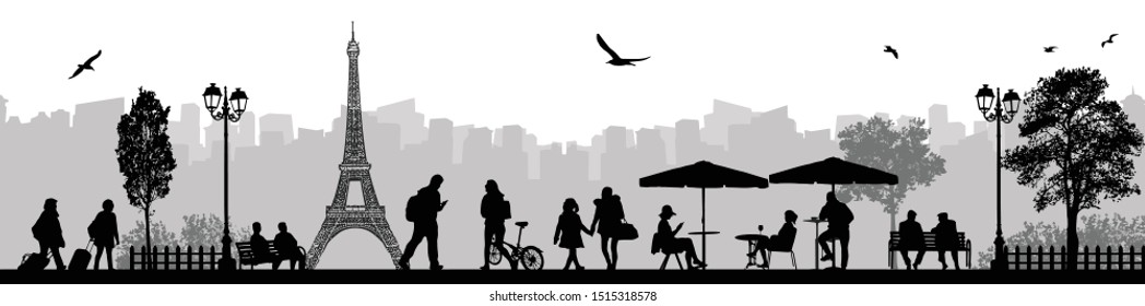 Vector illustration of landscape and city street scene with people and Eiffel Tower on background in Paris, France