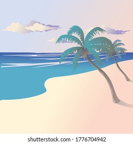Ilustración vectorial del paisaje de la costa junto al mar con palmeras.