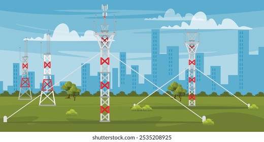 Vector illustration of a landscape with communication towers. Cartoon scene of a tower with cellular antennas, a sky with white clouds, silhouettes of city buildings of various sizes, trees, bushes.