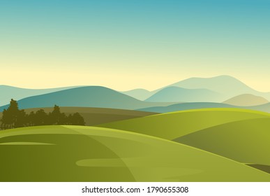 vector illustration landscape of countryside, meadow farmland, horizontal view, summer day