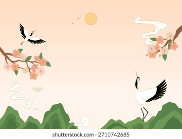 Vektorgrafik einer Landschaft mit Kranvögeln und Blumen.