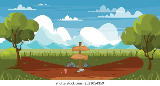 Ilustración vectorial de un paisaje con encrucijada. Vista de la escena de dibujos animados con flechas, señales en la intersección de dos carreteras, montañas, árboles, arbustos, hierba, piedras, gusano lindo, cielo con nubes.