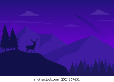 Vector illustration of a landscape of deer in the hills with a rocket across the sky in the background