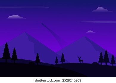 Vector illustration of a landscape of deer in the hills with a rocket across the sky in the background
