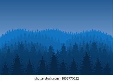 Vector illustration of a landscape of dense forest and mountains in a blue tint.