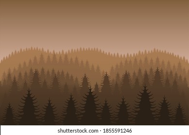 Vektorgrafik einer Landschaft von dichten Wäldern und Bergen in brauner Farbe.