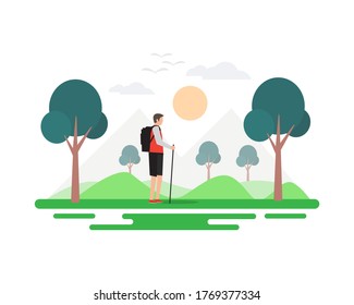 Ilustración vectorial del diseño paisajístico de las actividades de senderismo.