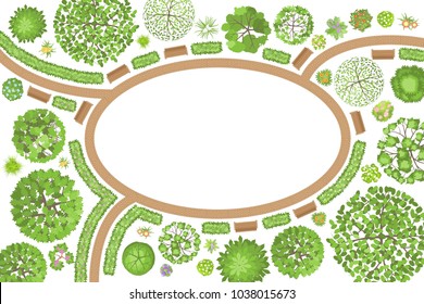 Vector illustration. Landscape design. Park. Top view. Path, benches, trees and flowers. View from above. (Space for your text)