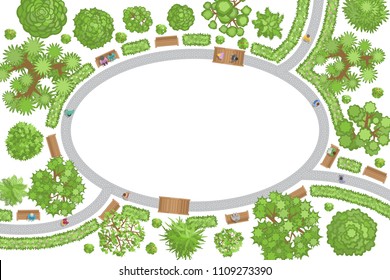 Vector illustration. Landscape design. Park. Top view. Path, benches, trees and flowers. View from above. (Space for your text)