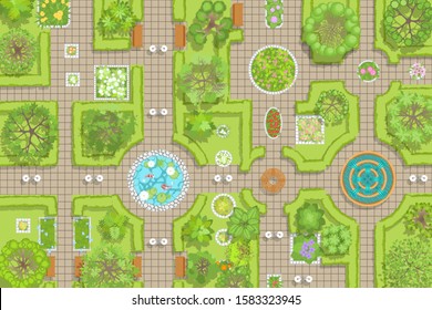 Vector illustration. Landscape design. Park. Top view. Path, benches, trees, green fence, flower beds. View from above. 