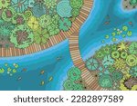 Vector illustration. Landscape design. Top view. Pond, path, trees and flowers. View from above. Golden fishes. Park.