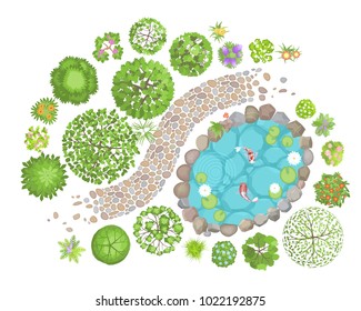 Vector illustration. Landscape design. Top view. Pond, path, trees and flowers. View from above.