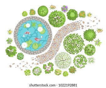 Vector illustration. Landscape design. Top view. Pond, path, trees and flowers. View from above.