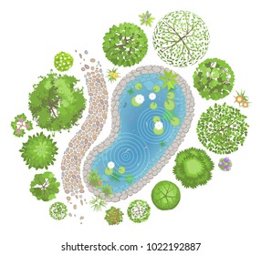 Vector illustration. Landscape design. Top view. Pond, path, trees and flowers. View from above.