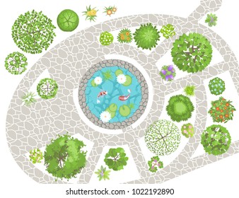 Vector illustration. Landscape design. Top view. Pond, path, trees and flowers. View from above.