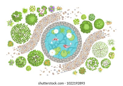 Vector illustration. Landscape design. Top view. Pond, path, trees and flowers. View from above.