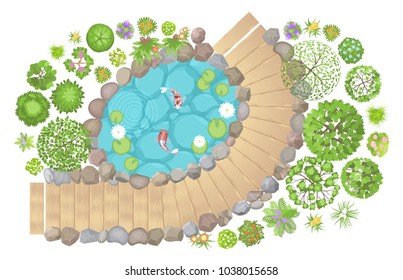 Vector illustration. Landscape design. Top view. Pond, path, trees and flowers. View from above.