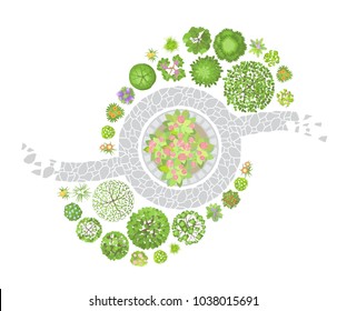 Vector illustration. Landscape design. Top view. Path, trees and flowers. View from above.