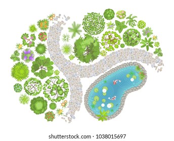 Vector illustration. Landscape design. Top view. Pond, path, trees and flowers. View from above.