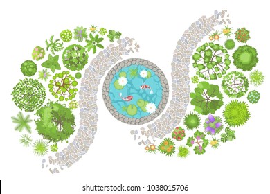 Vector illustration. Landscape design. Top view. Pond, path, trees and flowers. View from above.