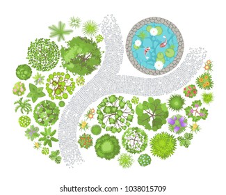Vector illustration. Landscape design. Top view. Pond, path, trees and flowers. View from above.