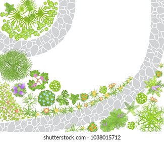 Vector illustration. Landscape design. Top view. Path, trees and flowers. View from above.