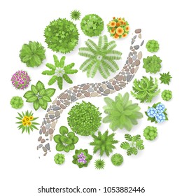 Vector illustration. Landscape design. Top view. Path, trees and flowers. View from above. 