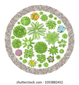 Vector Illustration. Landscape Design. Top View. Path, Trees And Flowers. View From Above. 