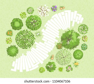 Vector illustration. Landscape design. Top view. Path, trees and flowers. View from above.